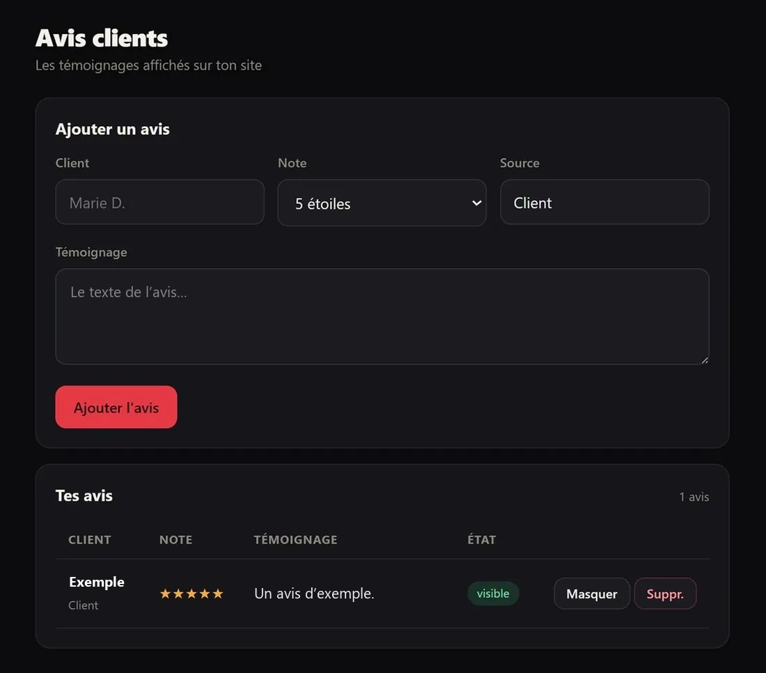 Gestion des avis clients affichés sur le site, avec un avis d'exemple