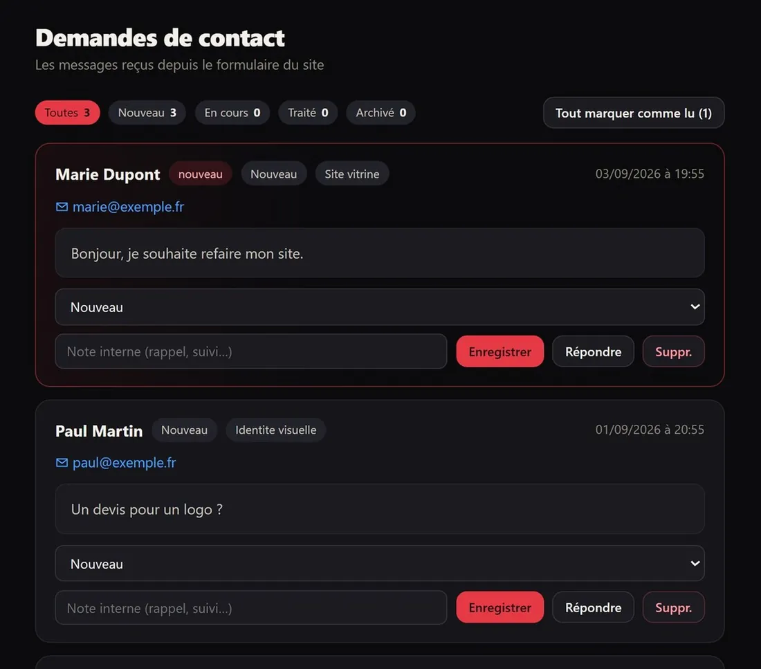 Boîte de réception des demandes arrivées par le site