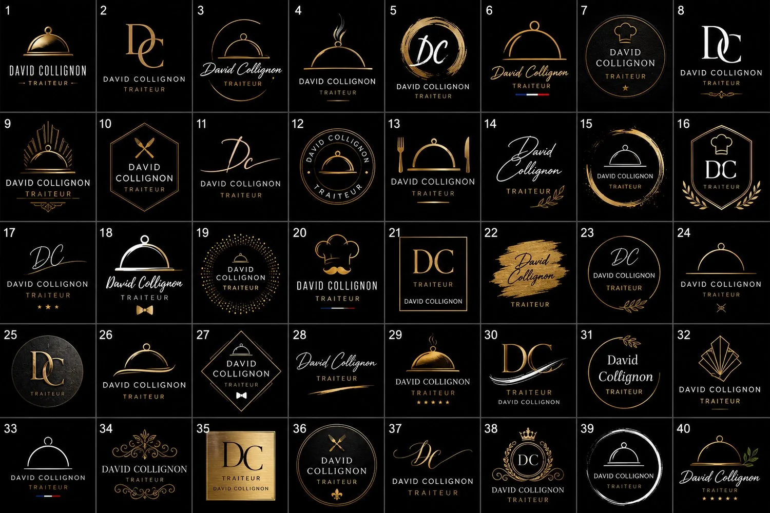 Planche de recherche pour un traiteur&nbsp;: quarante propositions de logo numérotées, dorées sur fond noir, entre monogrammes, cloches de service, signatures manuscrites et blasons